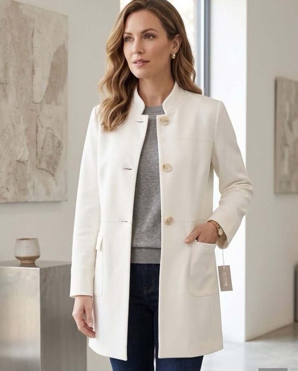 Chico's Clean Ponte Topper Jacket Off White Stand Collar Coat Sz 2P